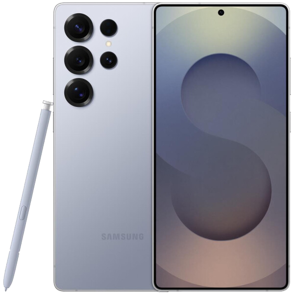 Featured, mobile phone Galaxy S25 Ultra by Samsung Electronics. The phone display is a full-screen silver purple display
