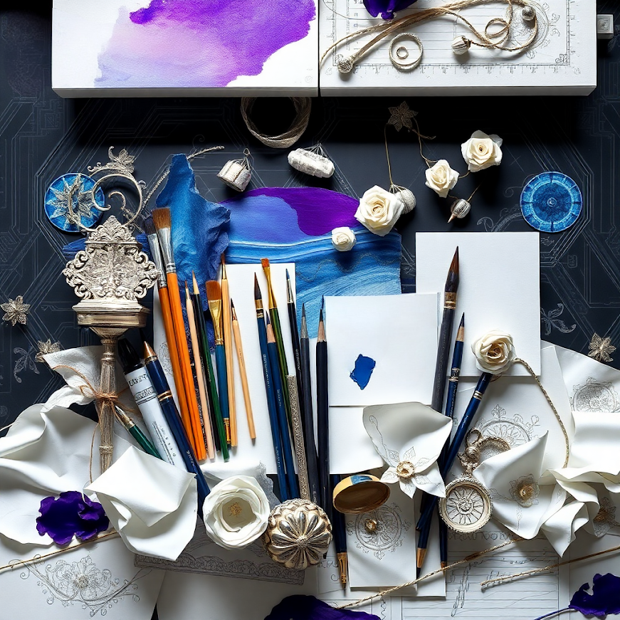 Digital painting: baroque style interiour part featuring brushes, pens, pencils