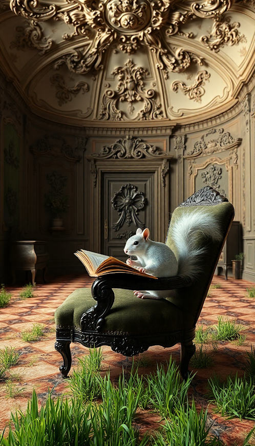 Beige squirrel sitting on a vintage armchaire reading a book